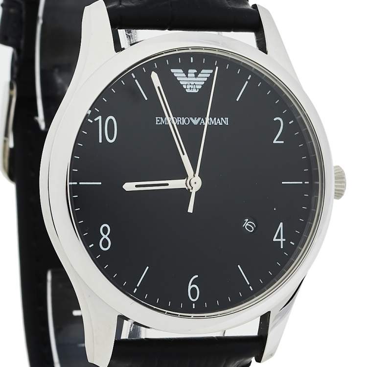 Pre Owned Emporio Armani Black Stainless Steel Leather Classic AR1865 Men's Wristwatch 41 mm