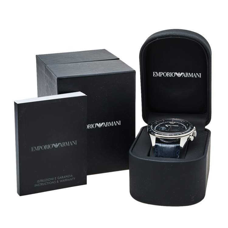 Pre Owned Emporio Armani Navy Blue Stainless Steel Leather AR6089 Men's Wristwatch 46 mm