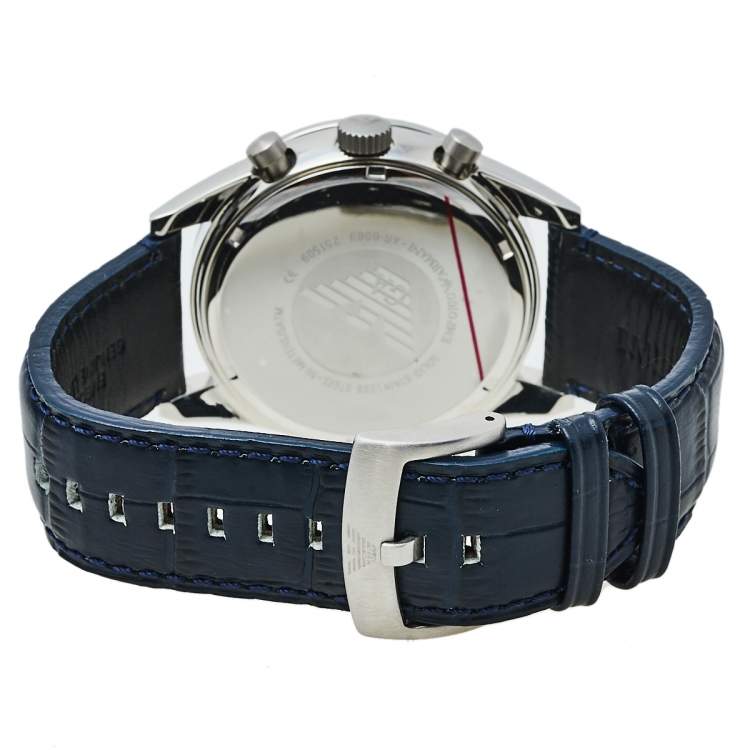 Pre Owned Emporio Armani Navy Blue Stainless Steel Leather AR6089 Men's Wristwatch 46 mm