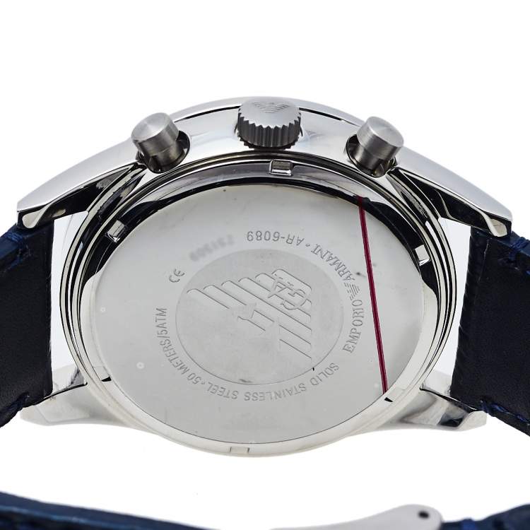 Pre Owned Emporio Armani Navy Blue Stainless Steel Leather AR6089 Men's Wristwatch 46 mm