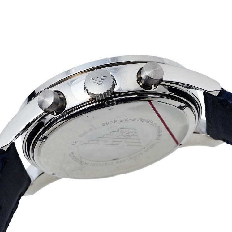 Pre Owned Emporio Armani Navy Blue Stainless Steel Leather AR6089 Men's Wristwatch 46 mm