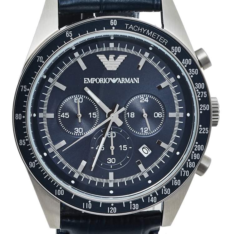 Pre Owned Emporio Armani Navy Blue Stainless Steel Leather AR6089 Men's Wristwatch 46 mm