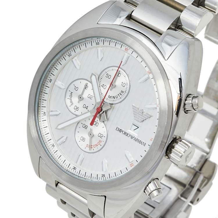 Pre Owned Emporio Armani Silver Stainless Steel Sportivo AR5958 Chronograph Men's Wristwatch 42 mm