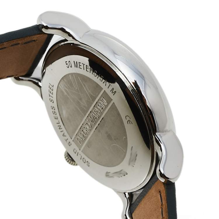 Pre Owned Emporio Armani Grey Stainless Steel Leather AR1730 Men's Wristwatch 41 mm