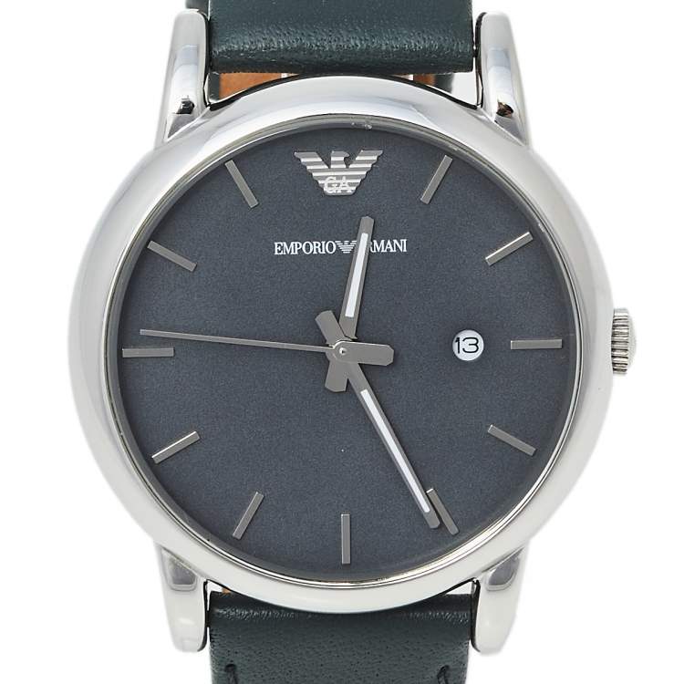 Pre Owned Emporio Armani Grey Stainless Steel Leather AR1730 Men's Wristwatch 41 mm