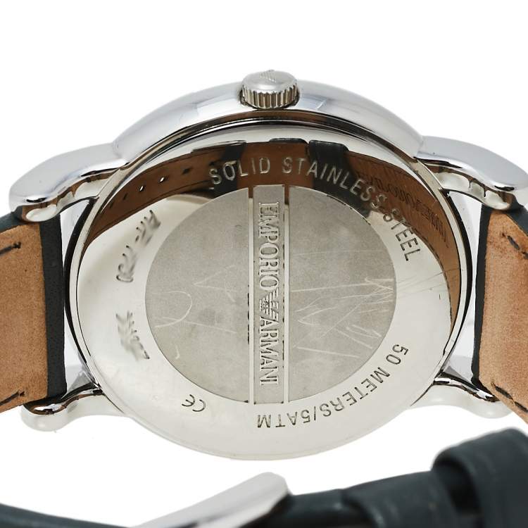 Pre Owned Emporio Armani Grey Stainless Steel Leather AR1730 Men's Wristwatch 41 mm