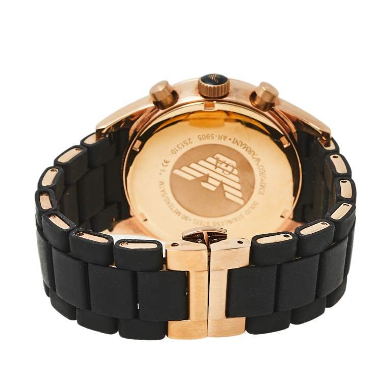 Pre Owned Emporio Armani Black Gold Tone Stainless Steel and Silicone AR5905 Men's Wristwatch 43 MM
