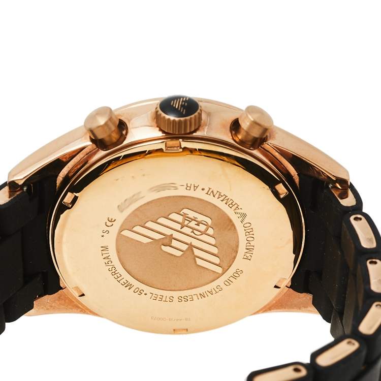 Pre Owned Emporio Armani Black Gold Tone Stainless Steel and Silicone AR5905 Men's Wristwatch 43 MM