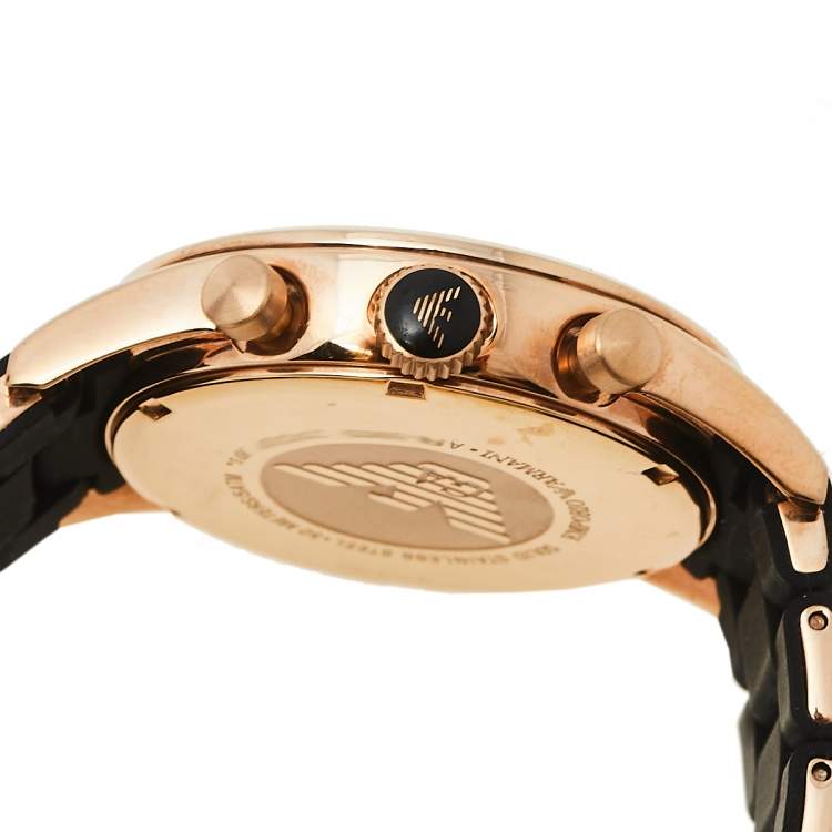 Pre Owned Emporio Armani Black Gold Tone Stainless Steel and Silicone AR5905 Men's Wristwatch 43 MM