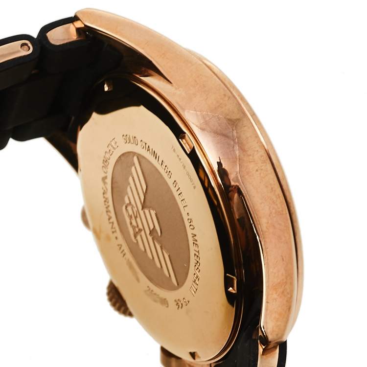 Pre Owned Emporio Armani Black Gold Tone Stainless Steel and Silicone AR5905 Men's Wristwatch 43 MM
