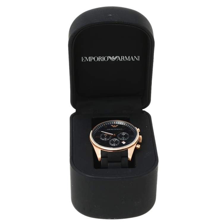 Pre Owned Emporio Armani Black Gold Tone Stainless Steel and Silicone AR5905 Men's Wristwatch 43 MM