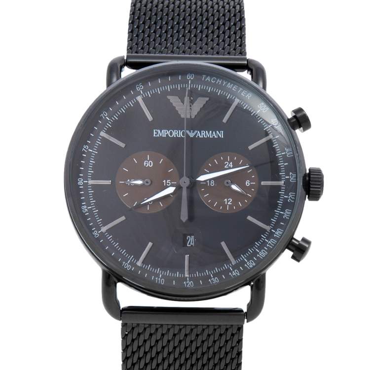Pre Owned Emporio Armani Black PVD Coated Stainless Steel Aviator AR11142 Men's Wristwatch 43 mm