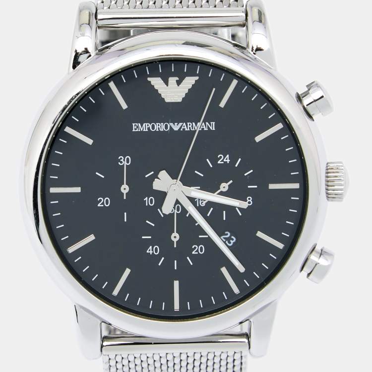 Pre Owned Emporio Armani Black Stainless Steel Classic AR1808 Men's Wristwatch 46 mm