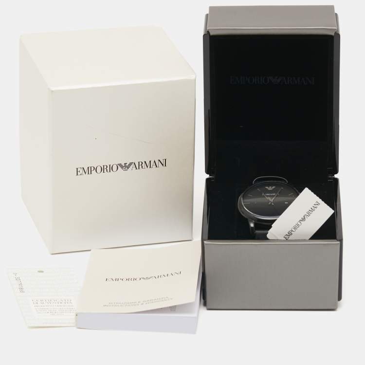 Pre Owned Emporio Armani Black PVD Coated Stainless Steel Leather Classic AR1732 Men's Wristwatch 41 mm 