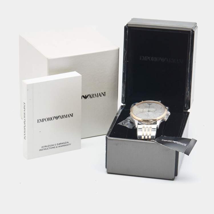 Pre Owned Emporio Armani Silver Grey Two-Tone Stainless Steel AR1864 Men's Wristwatch 43 mm