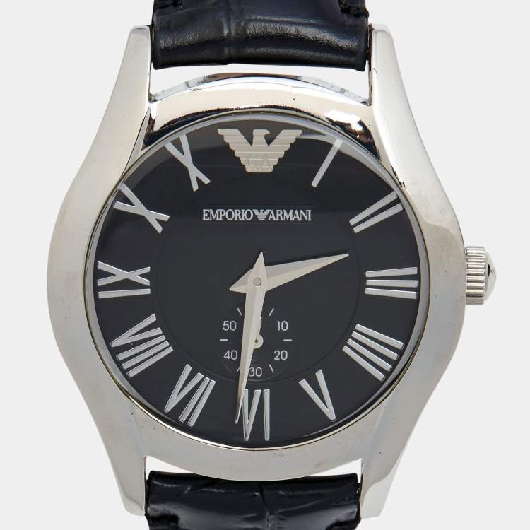 Pre Owned Emporio Armani Black Stainless Steel Embossed Leather Velente AR0644 Women's Wristwatch 35 mm