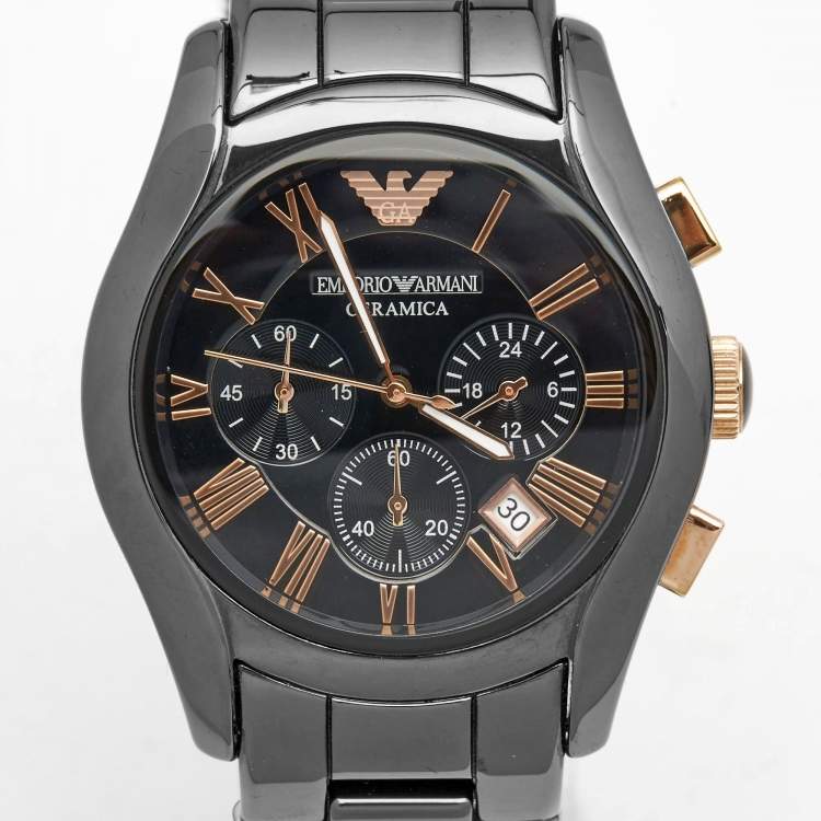 Pre Owned Emporio Armani Black Ceramic Rose Gold Tone Stainless Steel Ceramica AR1410 Men's Wristwatch 42 mm