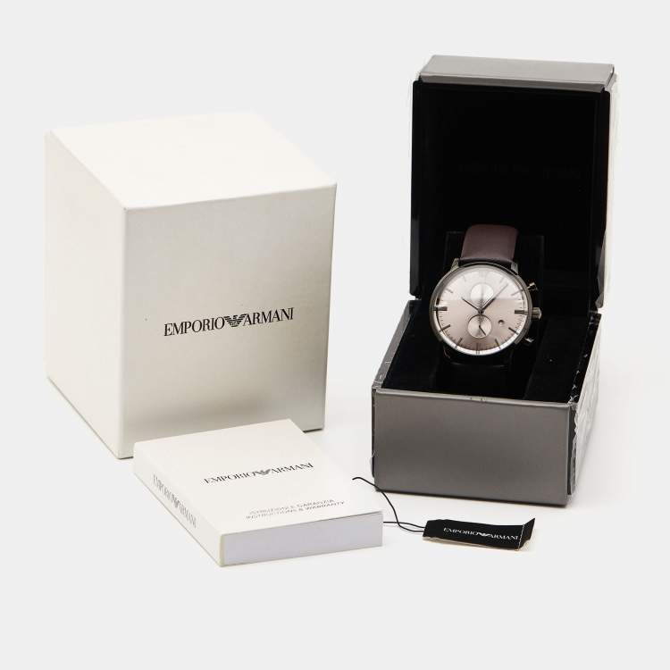 مملوكة مسبقًا Emporio Armani Gunmetal Brown Black PVD Coated Stainless Steel Leather AR1932 Men's Wristwatch 42 mm