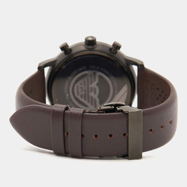 مملوكة مسبقًا Emporio Armani Gunmetal Brown Black PVD Coated Stainless Steel Leather AR1932 Men's Wristwatch 42 mm