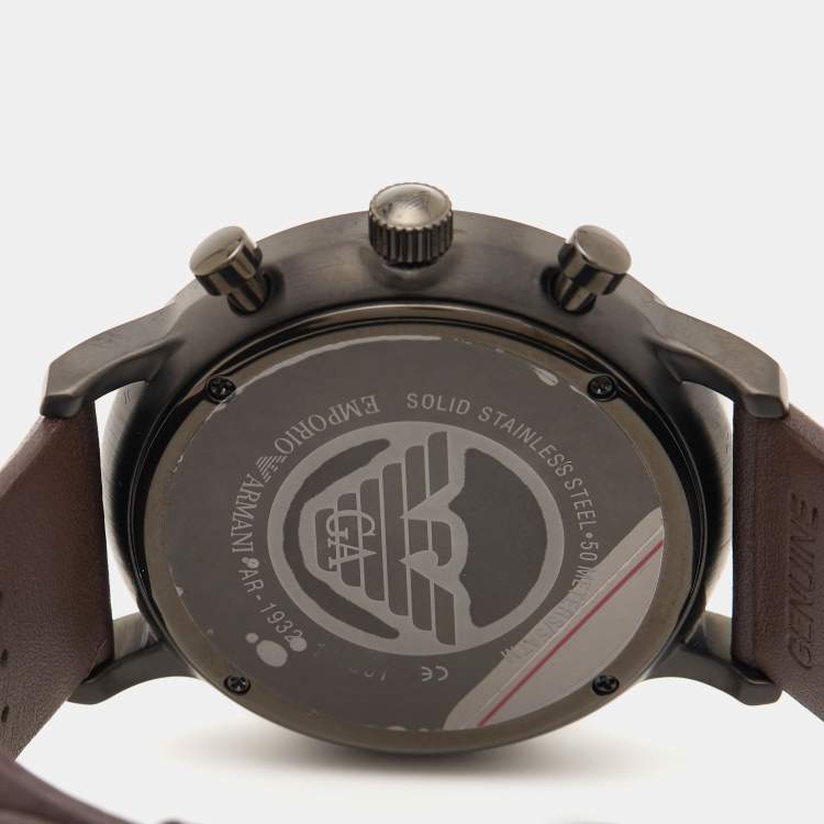 مملوكة مسبقًا Emporio Armani Gunmetal Brown Black PVD Coated Stainless Steel Leather AR1932 Men's Wristwatch 42 mm