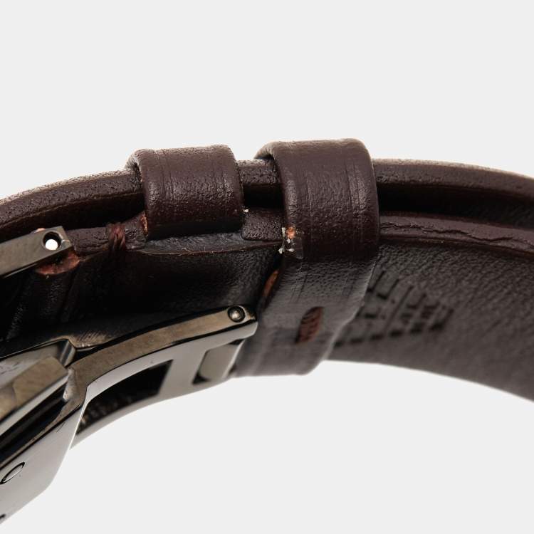 مملوكة مسبقًا Emporio Armani Gunmetal Brown Black PVD Coated Stainless Steel Leather AR1932 Men's Wristwatch 42 mm
