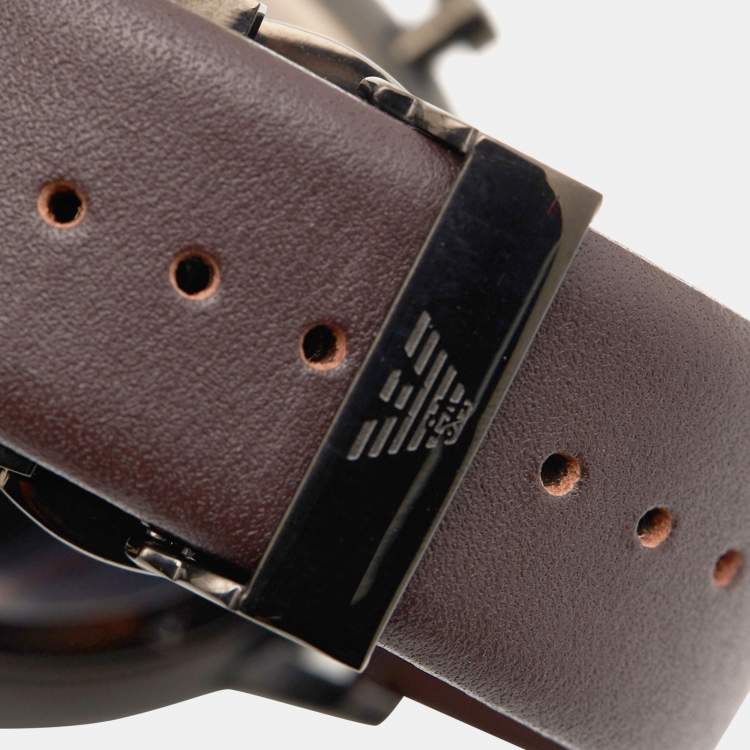 مملوكة مسبقًا Emporio Armani Gunmetal Brown Black PVD Coated Stainless Steel Leather AR1932 Men's Wristwatch 42 mm