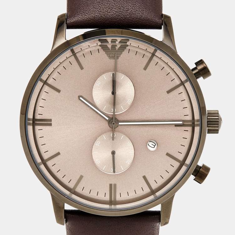 مملوكة مسبقًا Emporio Armani Gunmetal Brown Black PVD Coated Stainless Steel Leather AR1932 Men's Wristwatch 42 mm