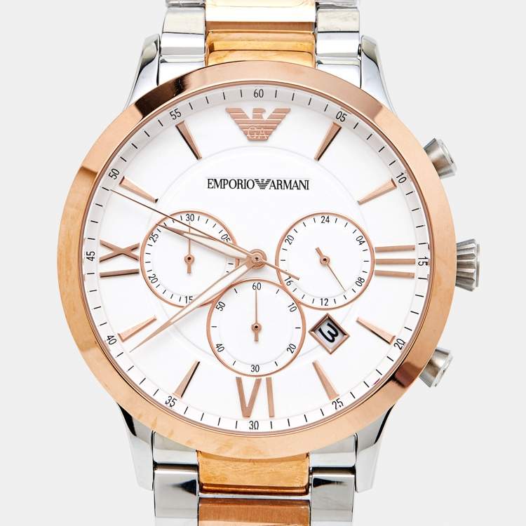 Pre Owned Emporio Armani White Two-Tone Stainless Steel AR11209 Giovanni Men's Wristwatch 43 mm