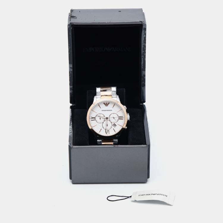 Pre Owned Emporio Armani White Two-Tone Stainless Steel AR11209 Giovanni Men's Wristwatch 43 mm