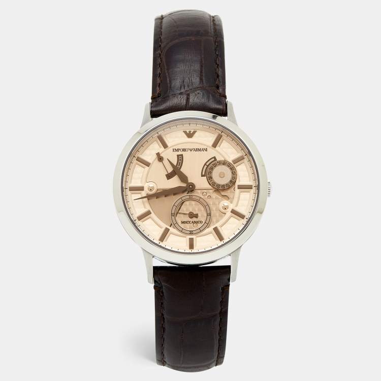 Pre Owned Emporio Armani Bronze Stainless Steel Leather Meccanico AR4665 Men's Wristwatch 40 mm 