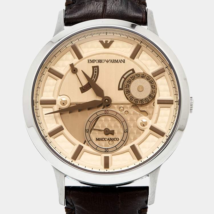 Pre Owned Emporio Armani Bronze Stainless Steel Leather Meccanico AR4665 Men's Wristwatch 40 mm 