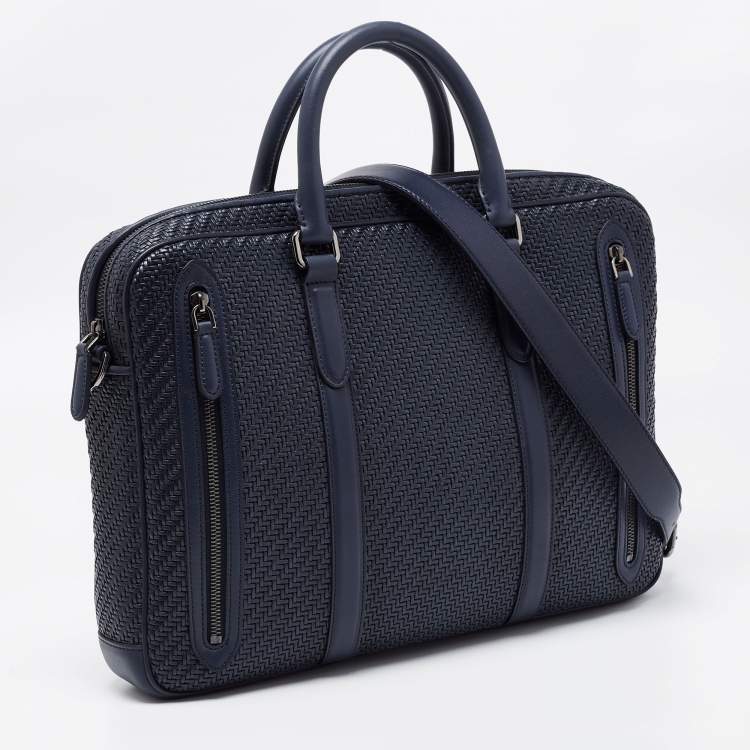 Pre Owned Ermenegildo Zegna Blue Woven Leather Zip Briefcase