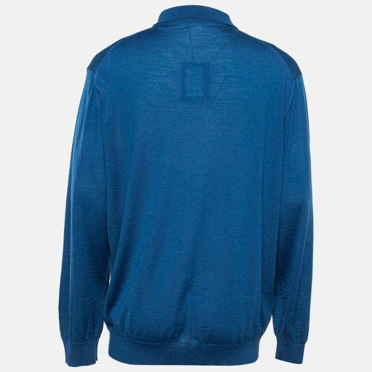 Pre Owned Ermenegildo Zegna Blue Wool Knit Long Sleeve Polo T-Shirt 4XL