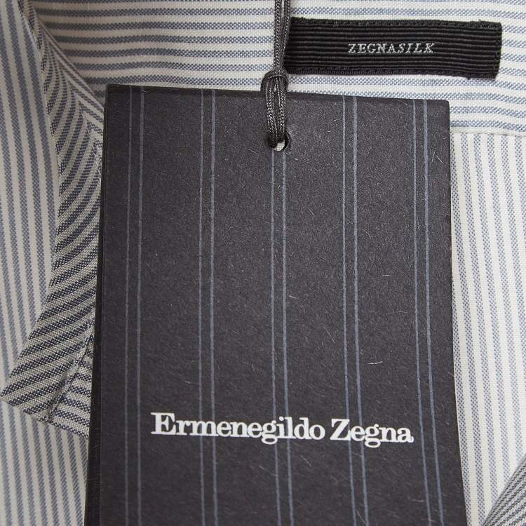 Pre Owned Ermenegildo Zegna Blue Striped Silk Half Placket Shirt S