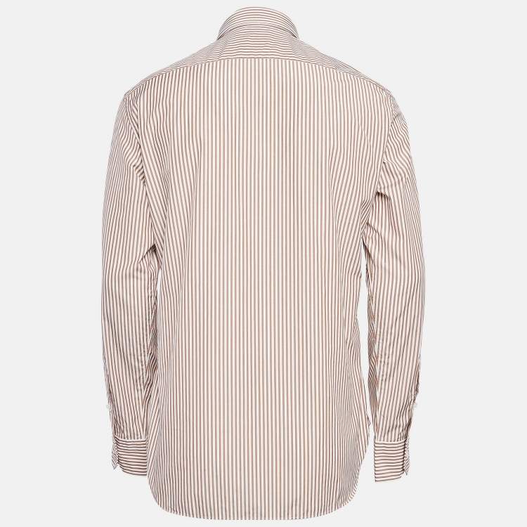 Pre Owned Ermenegildo Zegna Brown Striped Cotton Long Sleeve Shirt L