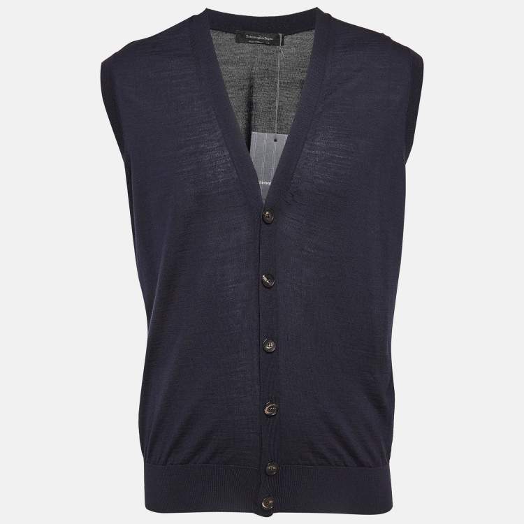 Pre Owned Ermenegildo Zegna Navy Blue Knit Sleeveless Button Front Cardigan L