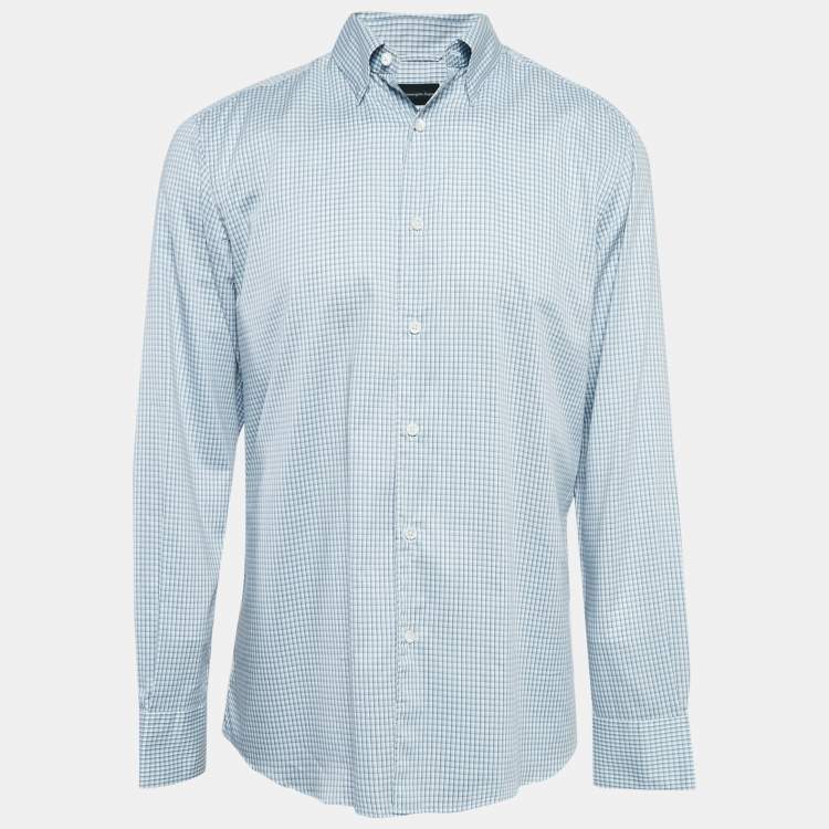 Pre Owned Ermenegildo Zegna Blue Checked Cotton Button Front Shirt L