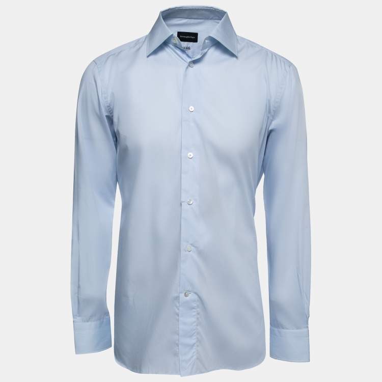 Pre Owned Ermenegildo Zegna Light Blue Striped Cotton Button Front Shirt L
