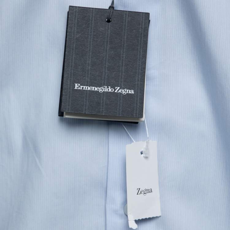 Pre Owned Ermenegildo Zegna Light Blue Striped Cotton Button Front Shirt L