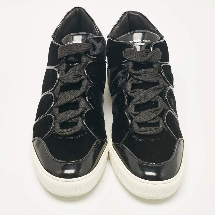 Pre Owned Ermenegildo Zegna Black Patent Leather and Velvet Lace Up Sneakers Size 39.5