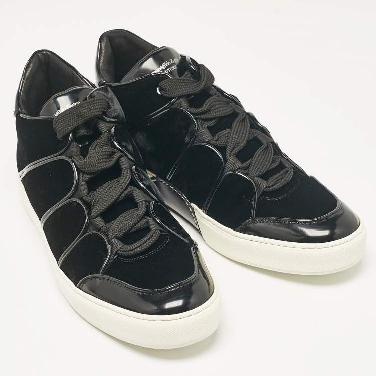 Pre Owned Ermenegildo Zegna Black Patent Leather and Velvet Lace Up Sneakers Size 39.5