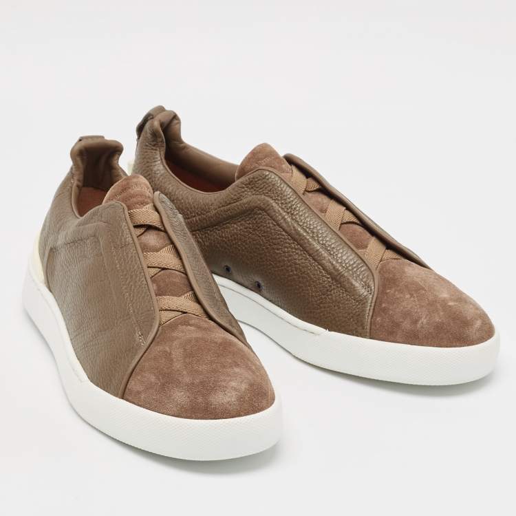 Pre Owned Ermenegildo Zegna Olive Green Leather Triple Stitch Slip On Sneakers Size 44.5