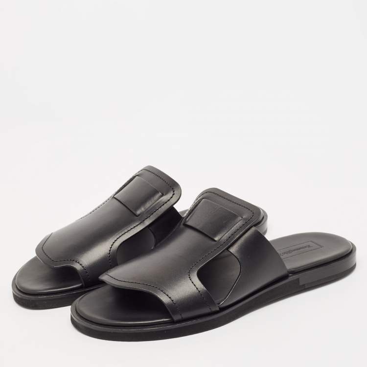 Pre Owned Ermenegildo Zegna Black Leather Slide Flats Size 45