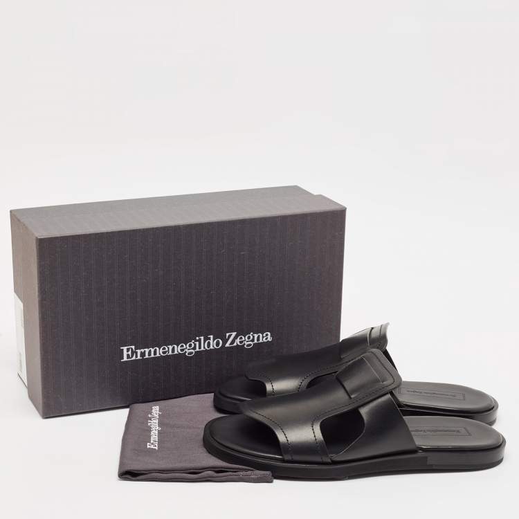 Pre Owned Ermenegildo Zegna Black Leather Slide Flats Size 45