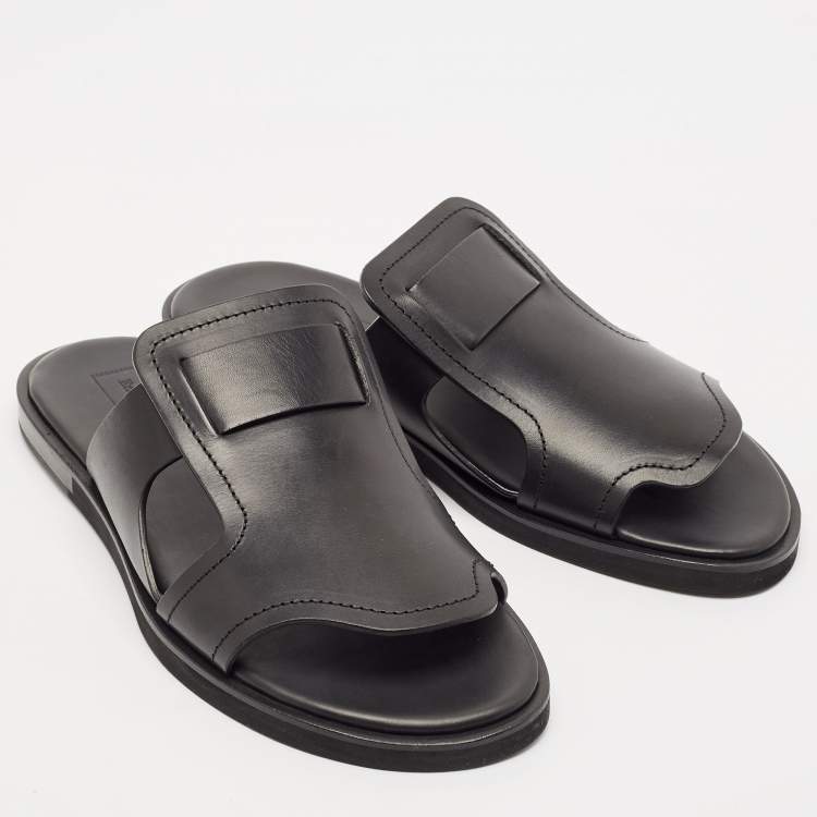 Pre Owned Ermenegildo Zegna Black Leather Slide Flats Size 45