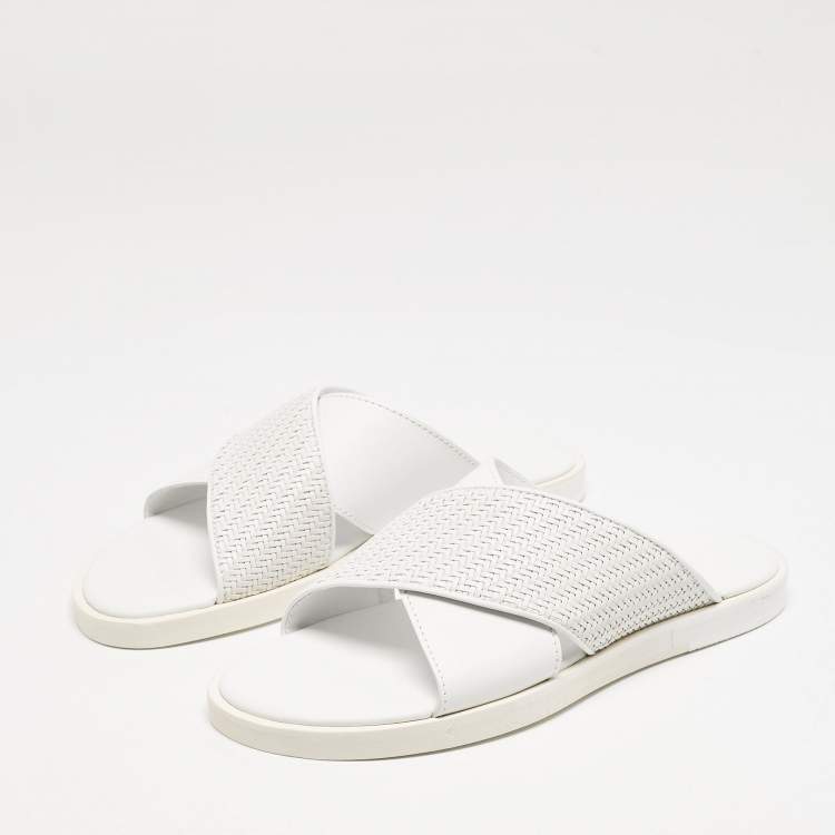 Pre Owned Ermenegildo Zegna White Woven Leather Flat Slides Size 43