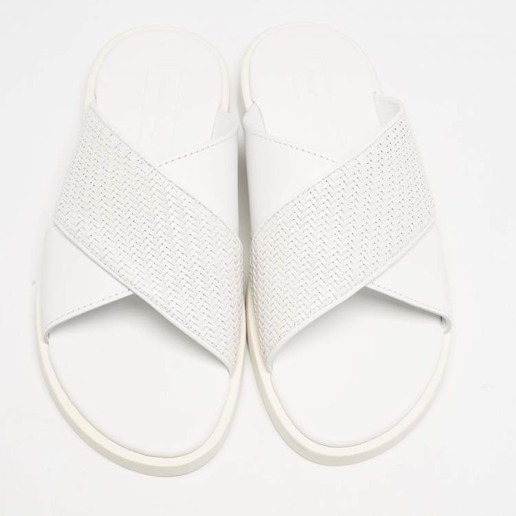 Pre Owned Ermenegildo Zegna White Woven Leather Flat Slides Size 43