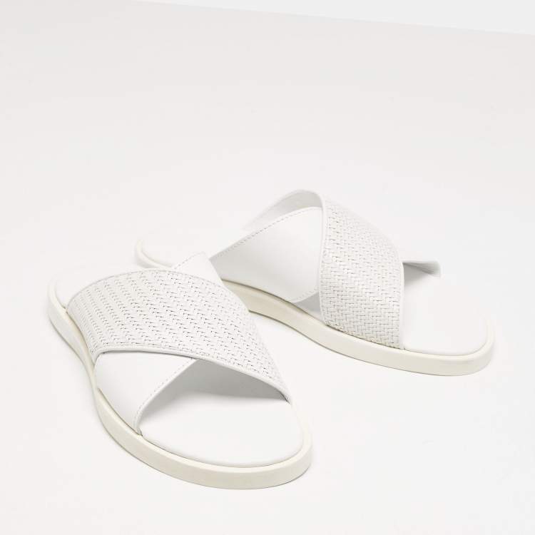 Pre Owned Ermenegildo Zegna White Woven Leather Flat Slides Size 43