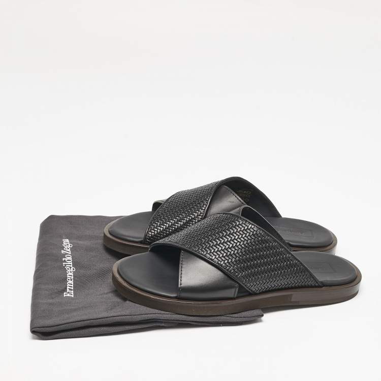 Pre Owned Ermenegildo Zegna Black Woven Leather Flat Slides Size 39
