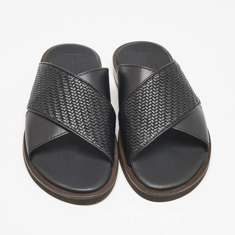Pre Owned Ermenegildo Zegna Black Woven Leather Flat Slides Size 39